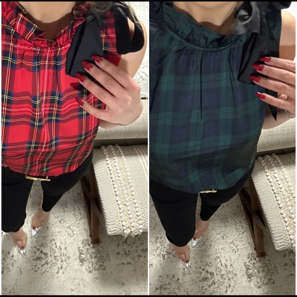 New❤️💚Beautiful Blackwatch /Red plaid bow-neck blousy top - Picture 6 of 12